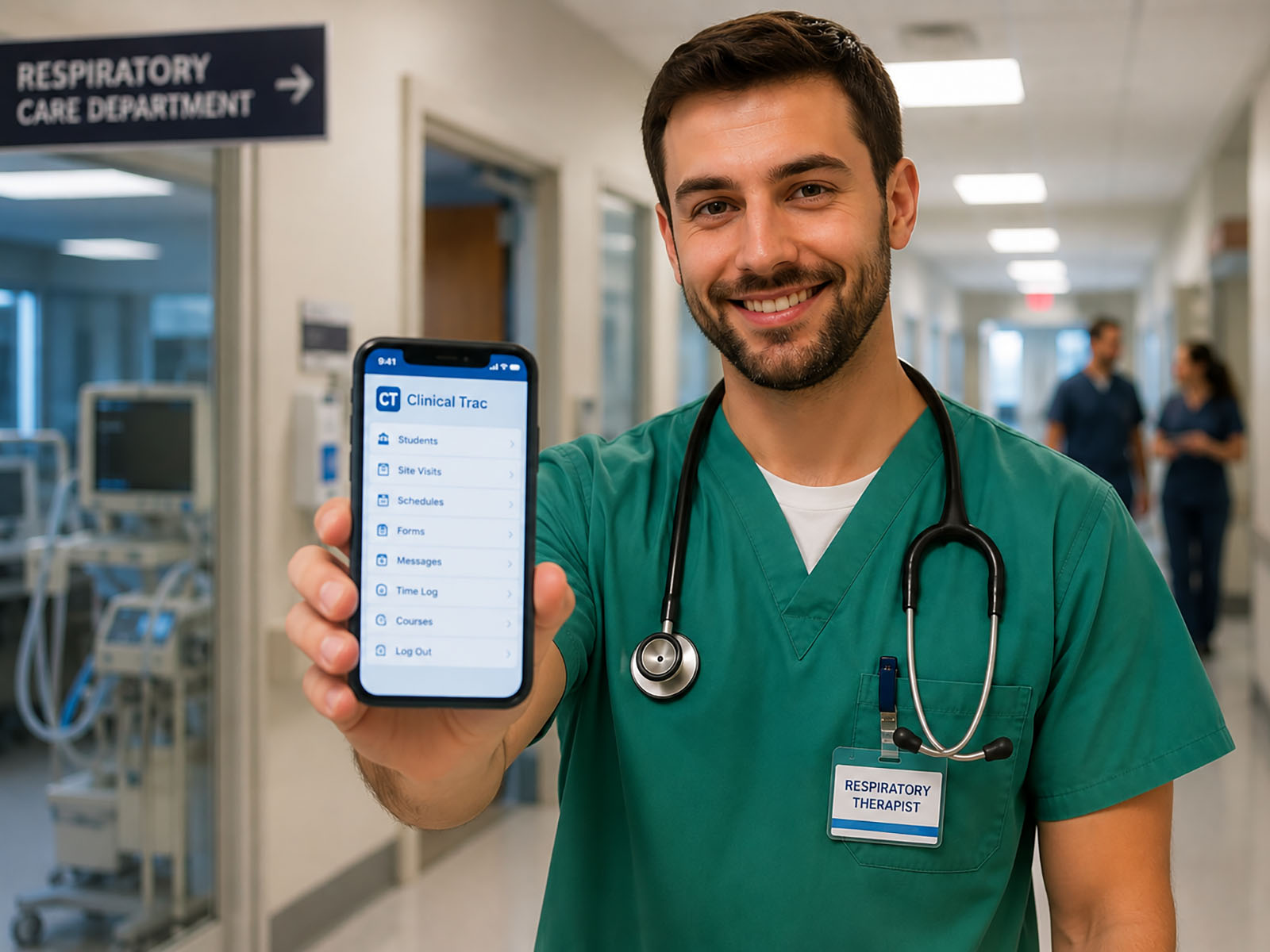 Student using the ClinicalTrac mobile app in a hospital hallway