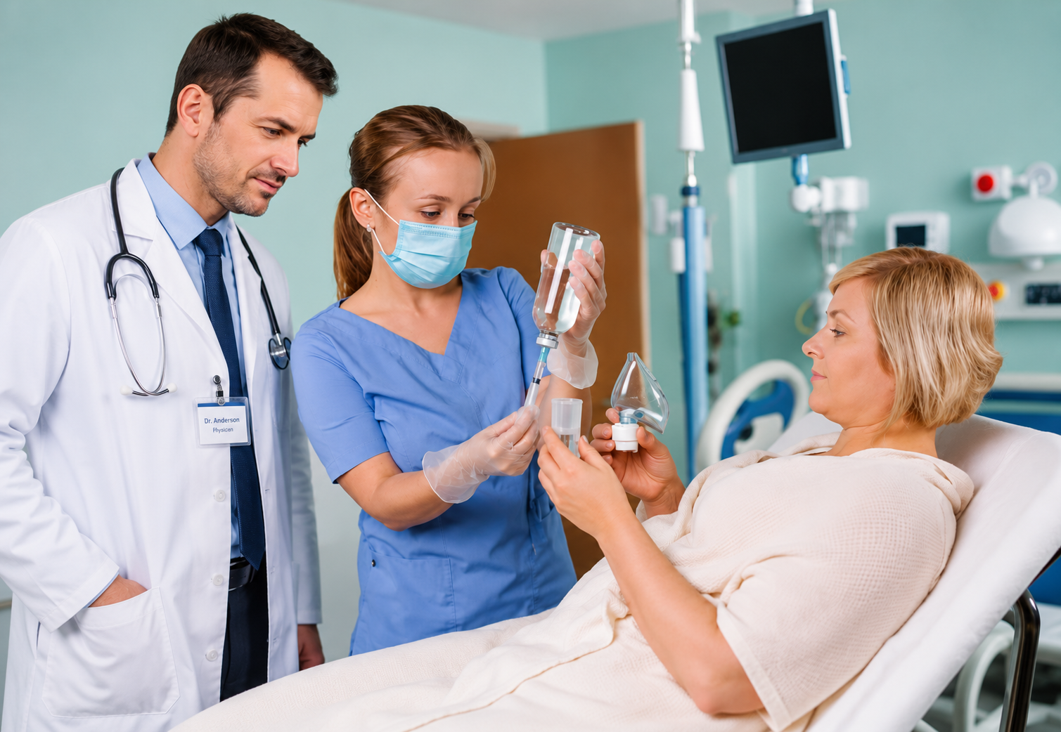 Respiratory therapist working with a ventilator in the ICU