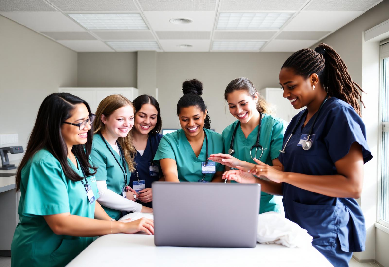 Allied health students collaborating around a laptop
